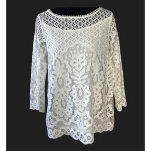 Rafaella Womens Crochet Lace Scoop Neck 3/4 Sleeve Top in Marshmallow Medium $65